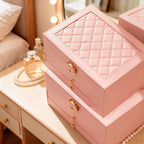 Close view of the pink quilted lid and drawers
