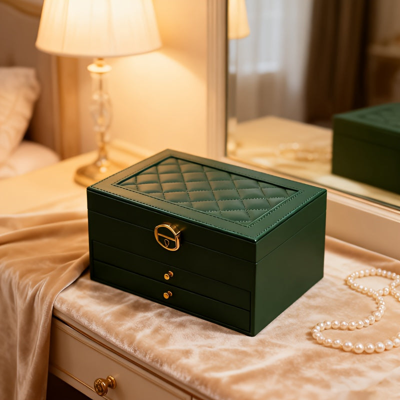 Closed dark green quilted jewelry box