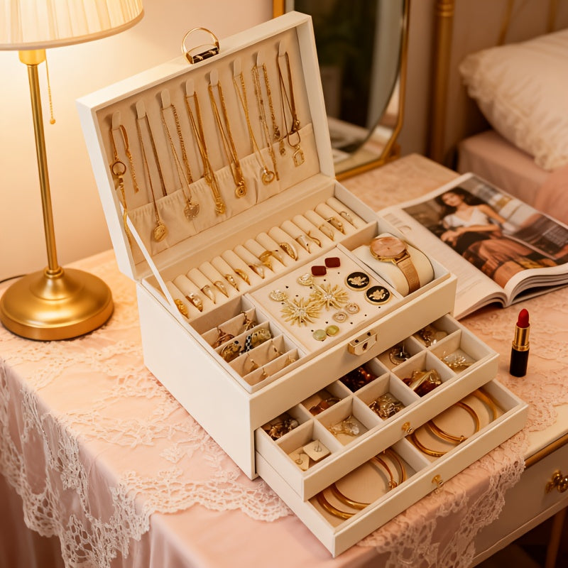 White jewelry box with removable tray and drawers opened