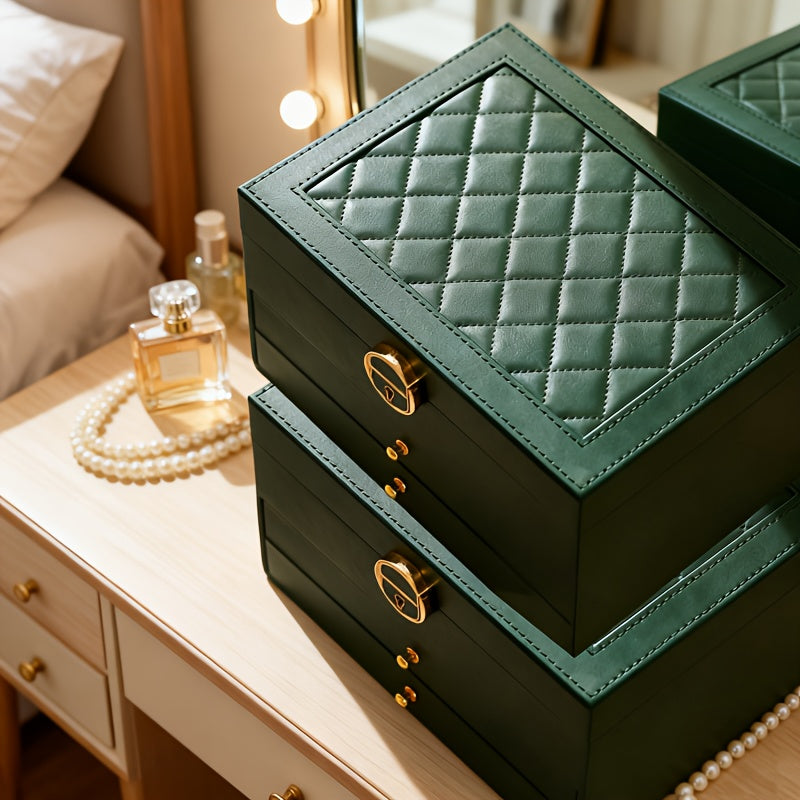 Close view of the dark green quilted lid and drawers