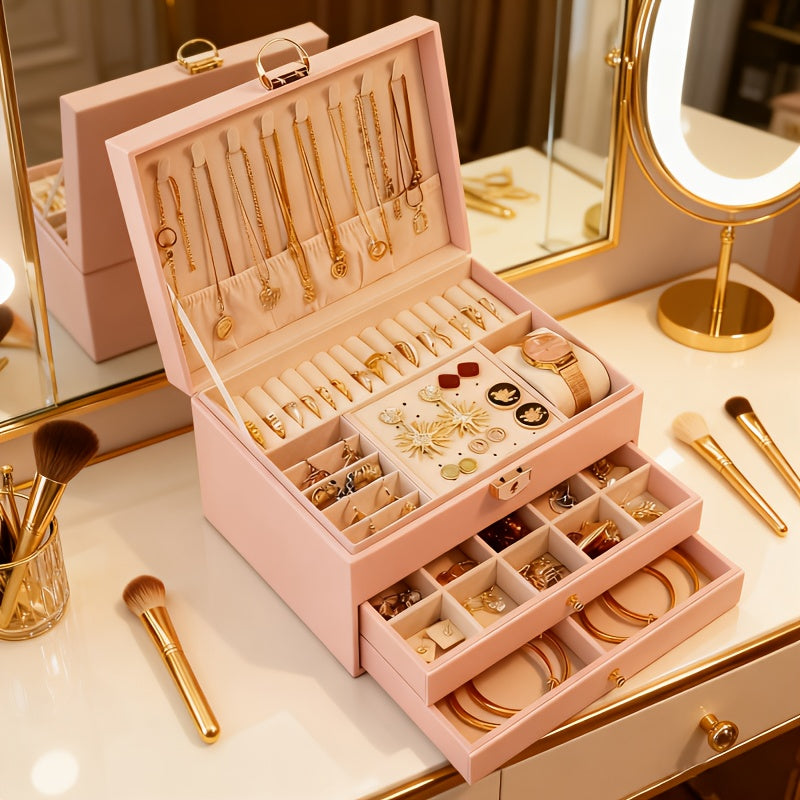 Pink jewelry box with removable tray and drawers opened
