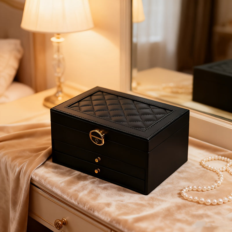 Closed black quilted jewelry box on a dressing table