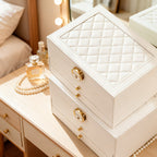 Close view of the white quilted lid and drawers
