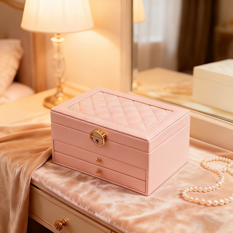 Closed pink jewelry box in warm bedroom light