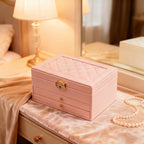 Closed pink jewelry box in warm bedroom light