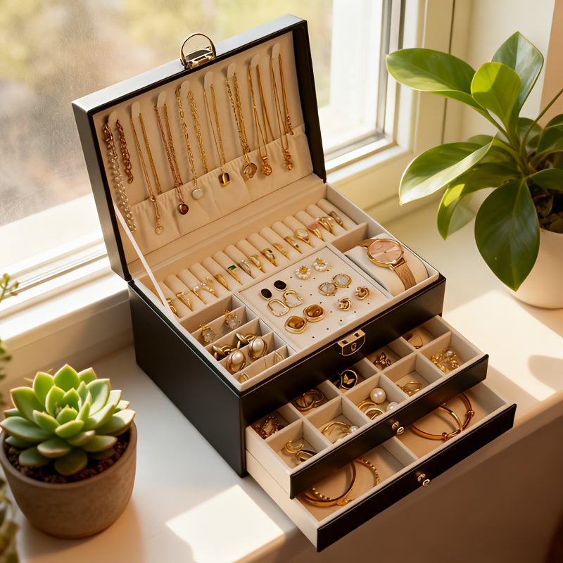 Open black jewelry box beside a plant