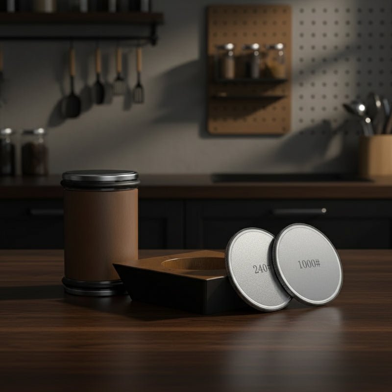 Rolling Knife Sharpener with diamond grinder and wood base — product image 1
