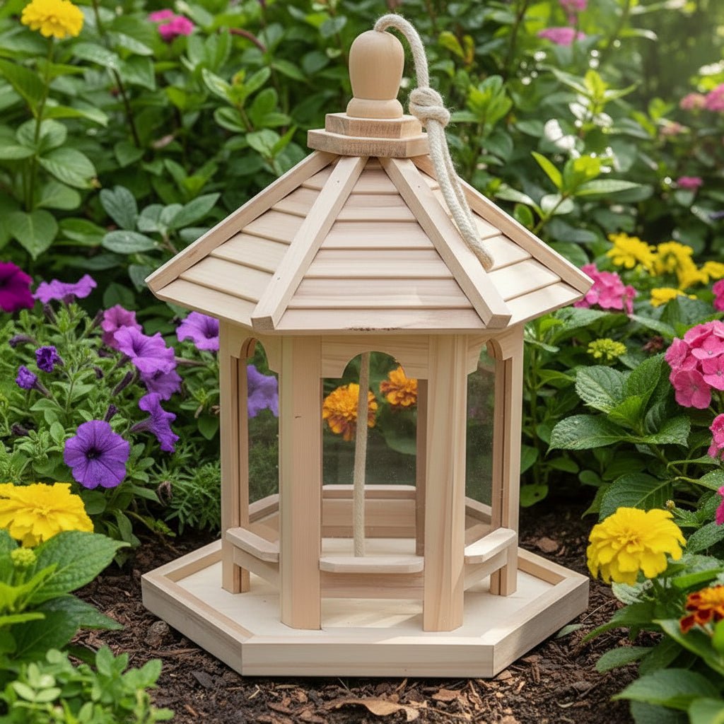 Rustic Garden Birdhouse | Integrated Water Bowl, Wood, Natural Finish detail