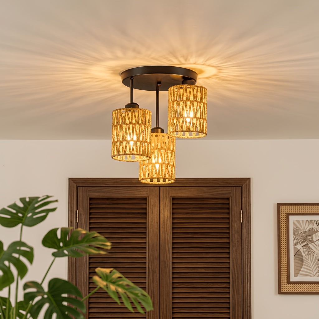 Rattan ceiling light casting patterned light above a wooden cabinet.