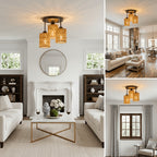 Rattan ceiling light with three woven shades above a bright living room.
