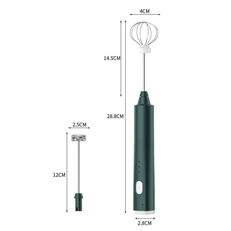 Green rechargeable hand mixer shown with coffee and mixing examples