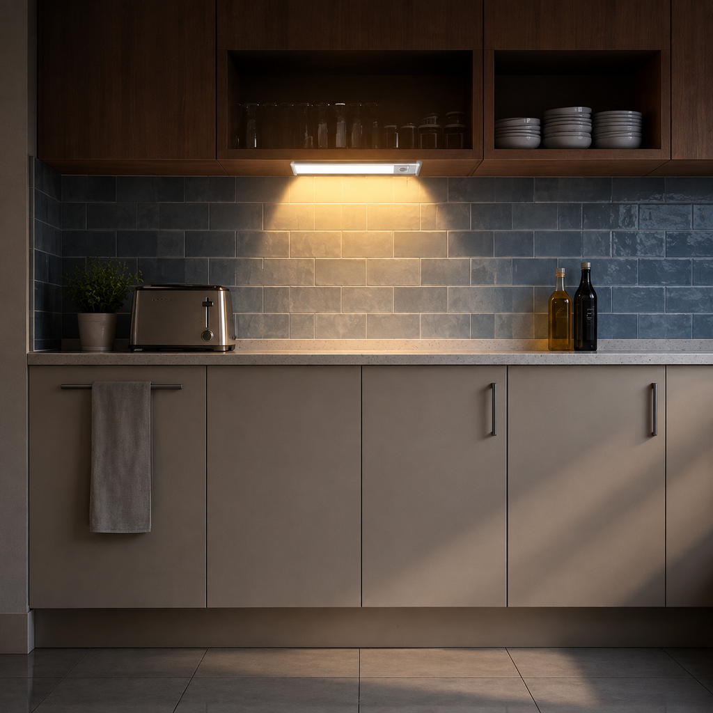 White motion sensor light illuminating a blue-gray kitchen backsplash