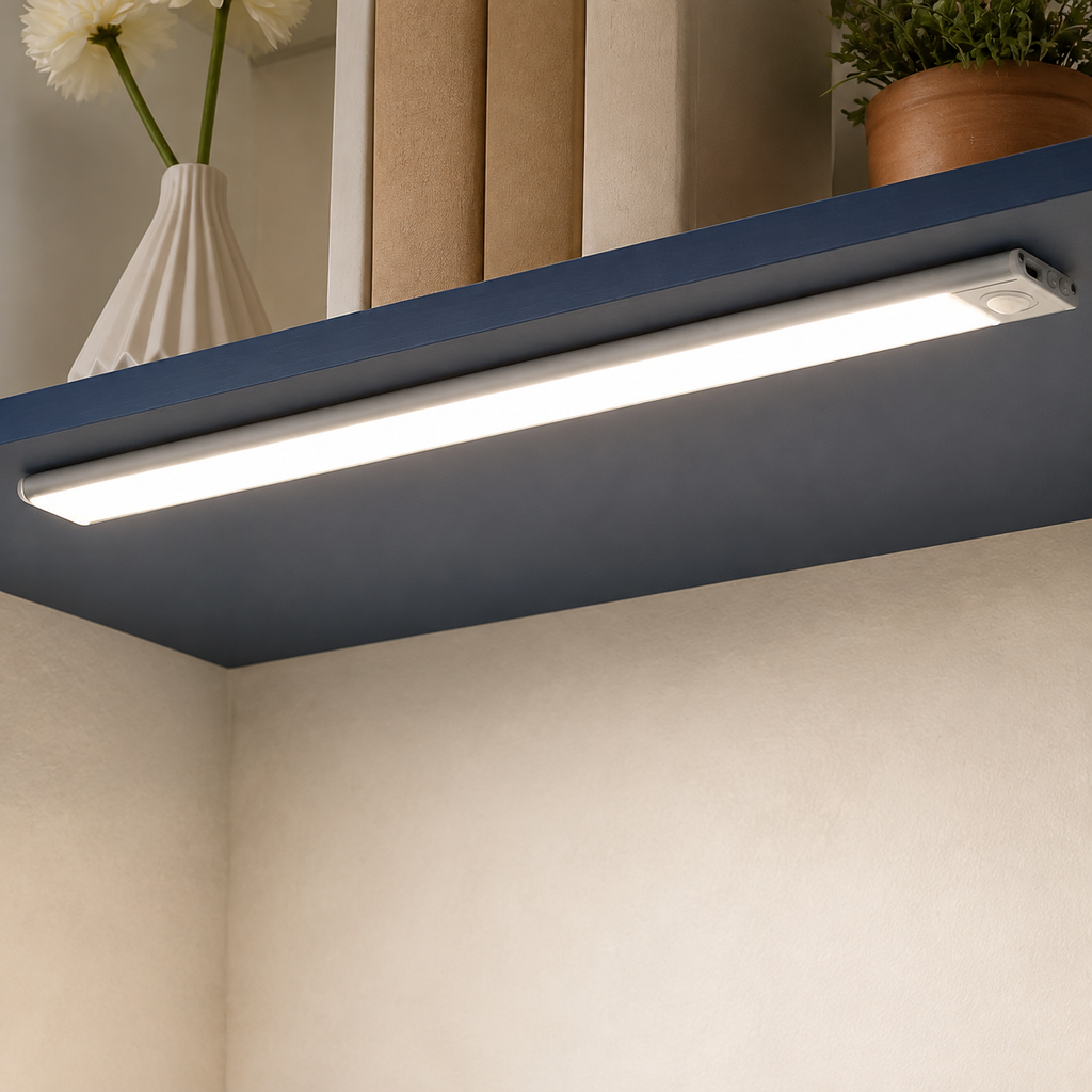 White motion sensor light mounted beneath a cobalt floating shelf