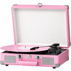 Pink rechargeable suitcase record player with silver speaker grilles