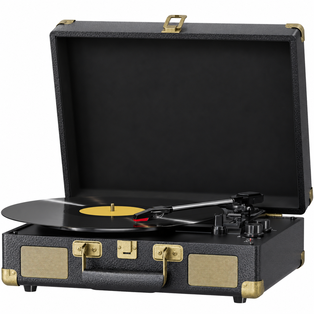 Black suitcase record player with gold hardware