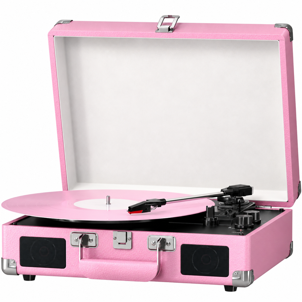 Pink suitcase record player with black speaker grilles