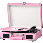 Pink suitcase record player with black speaker grilles