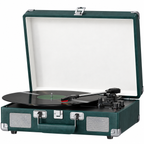 Green suitcase record player with silver speaker grilles