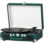 Green suitcase record player with black speaker grilles