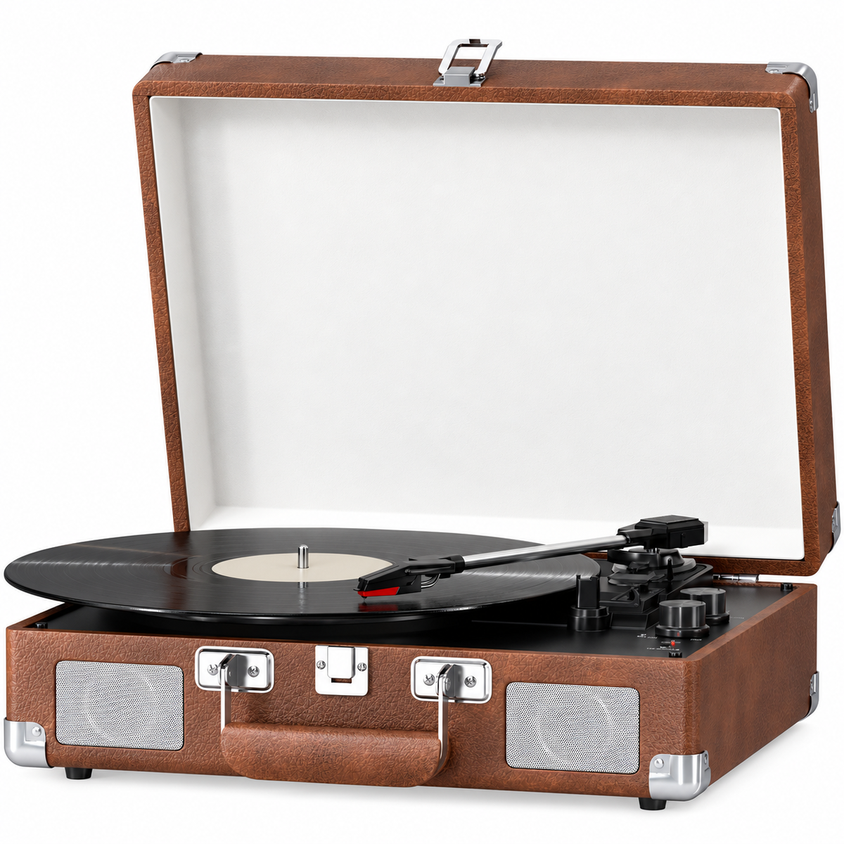 Brown suitcase record player with silver speaker grilles