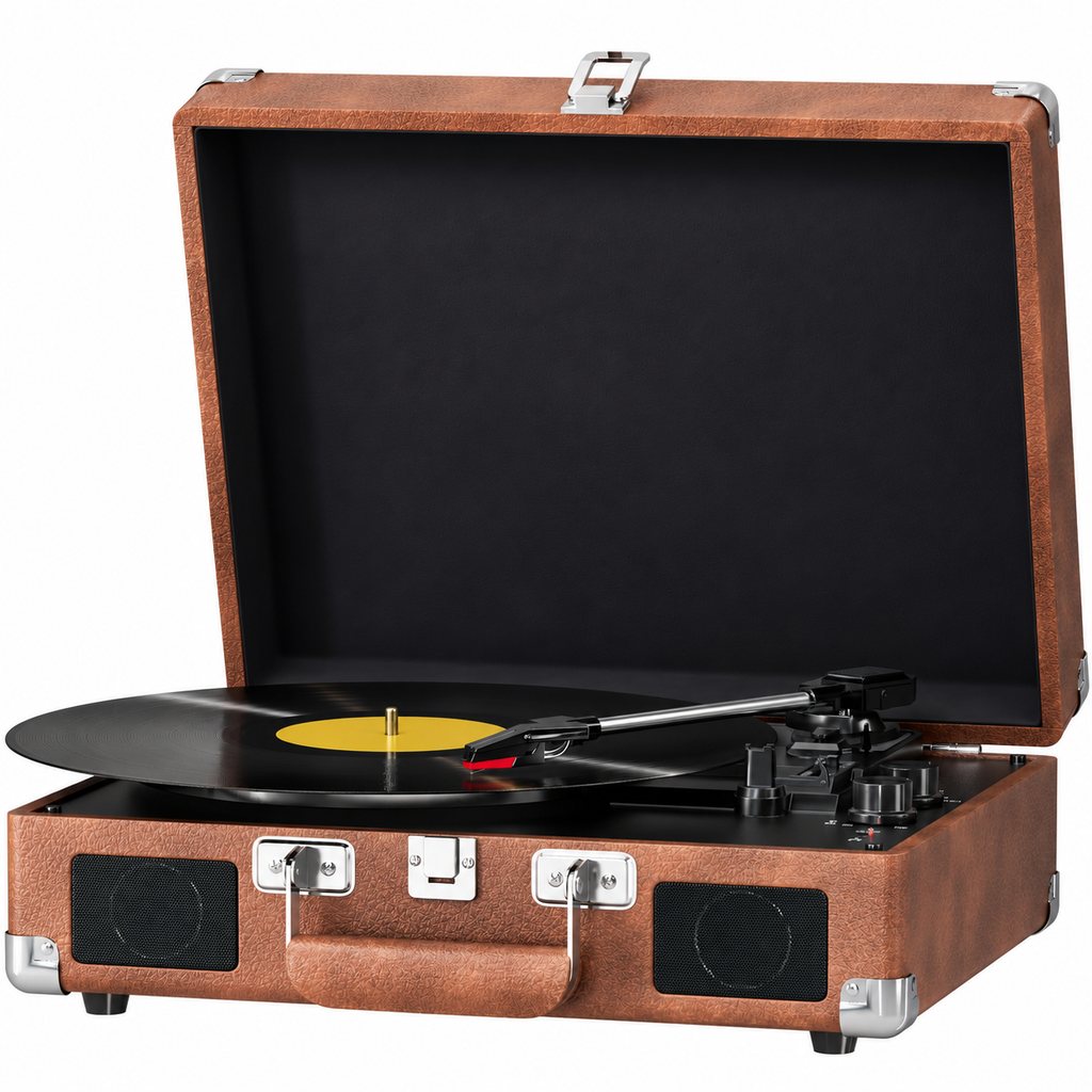 Brown suitcase record player with black lining and speaker grilles