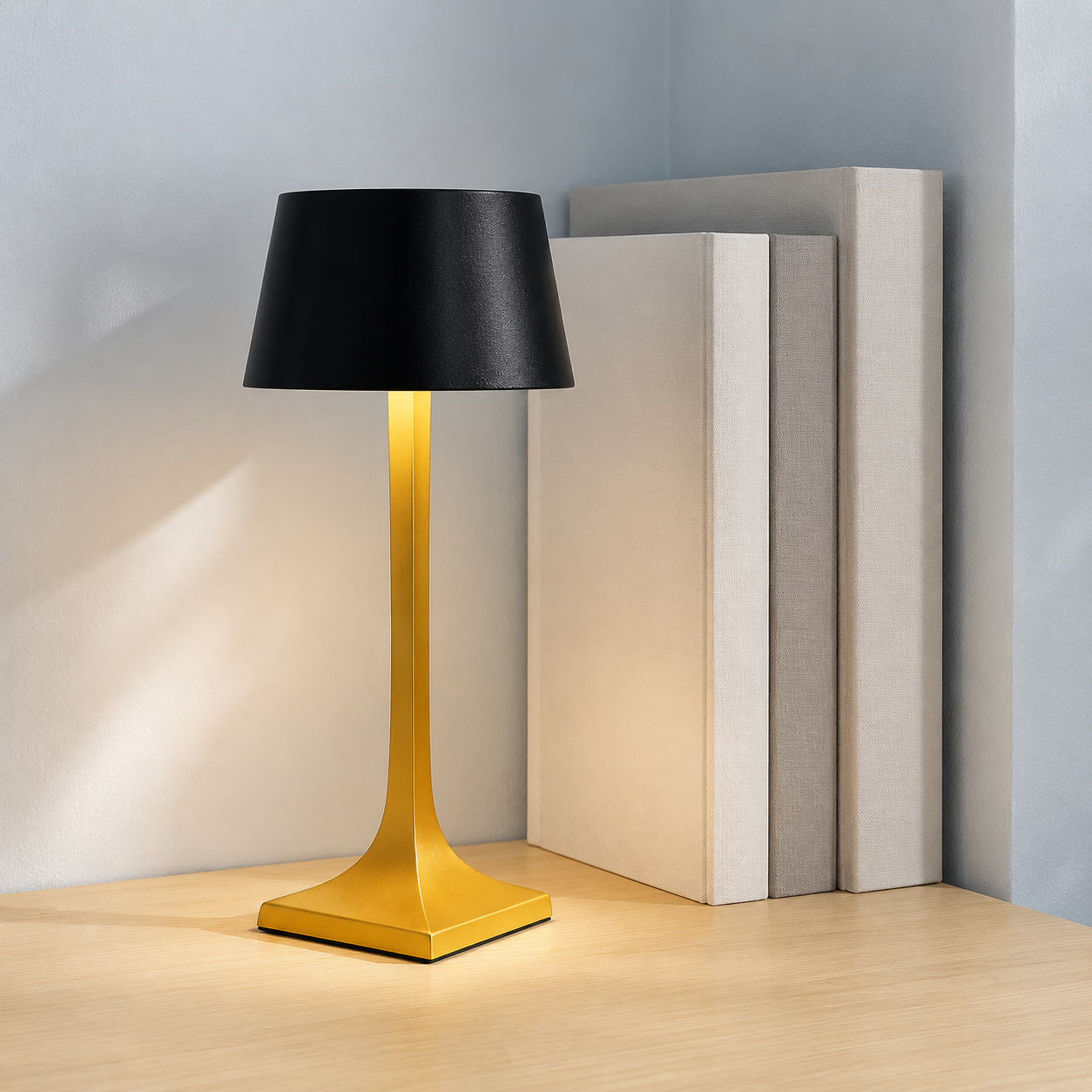 Gold and black rechargeable table lamp beside neutral design books