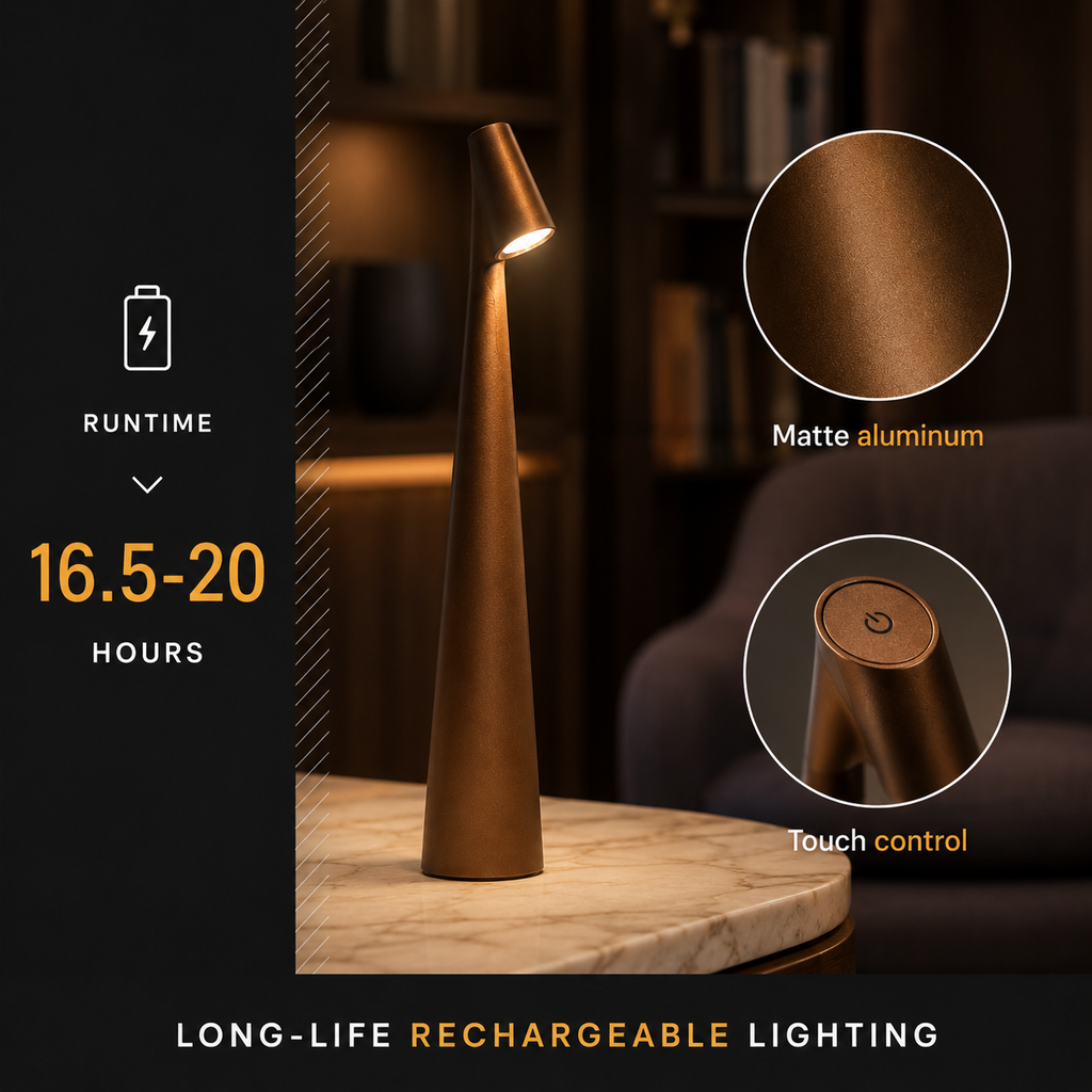 Feature graphic with a golden brown table lamp, two detail circles, and a dark room background.