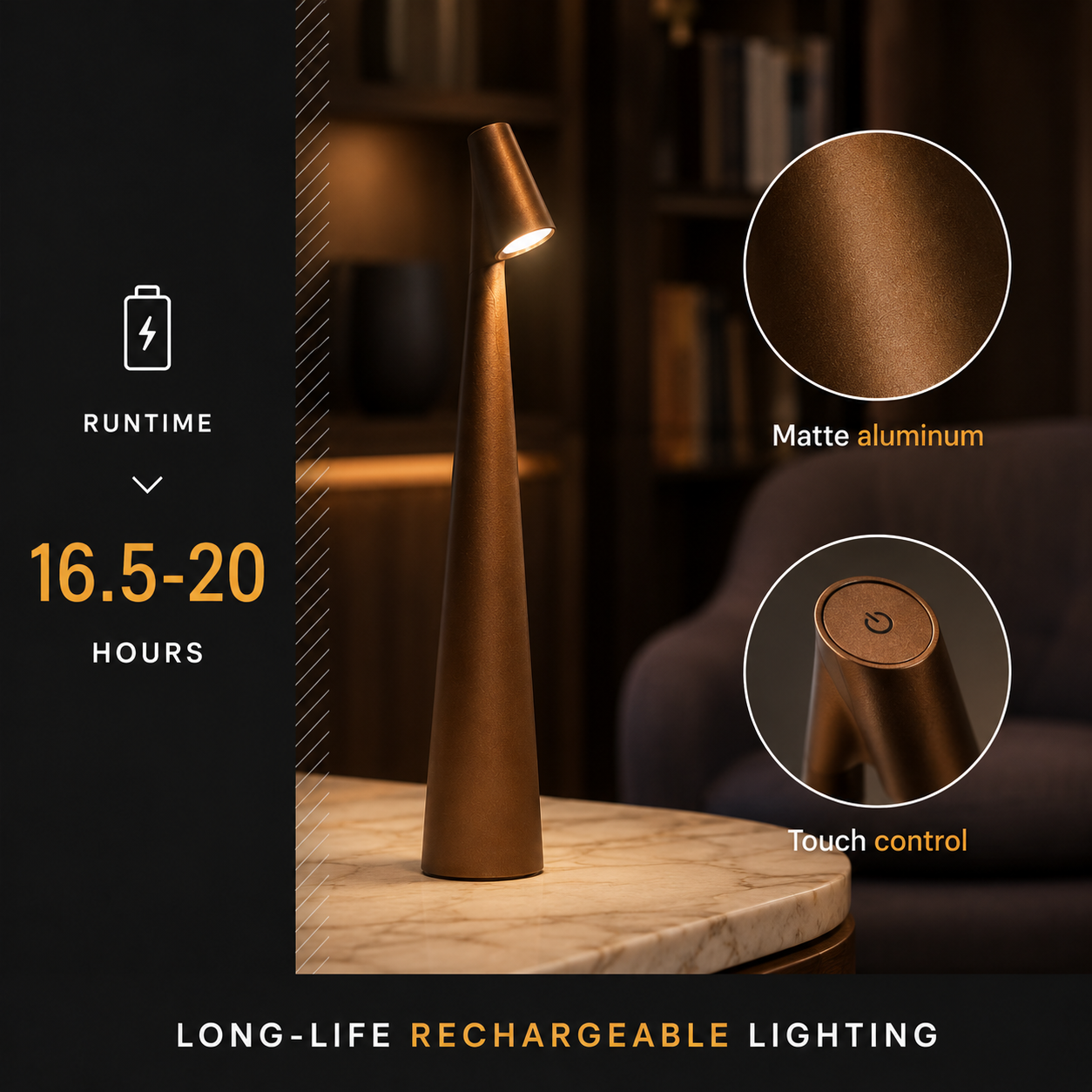 Feature graphic with a golden brown table lamp, two detail circles, and a dark room background.