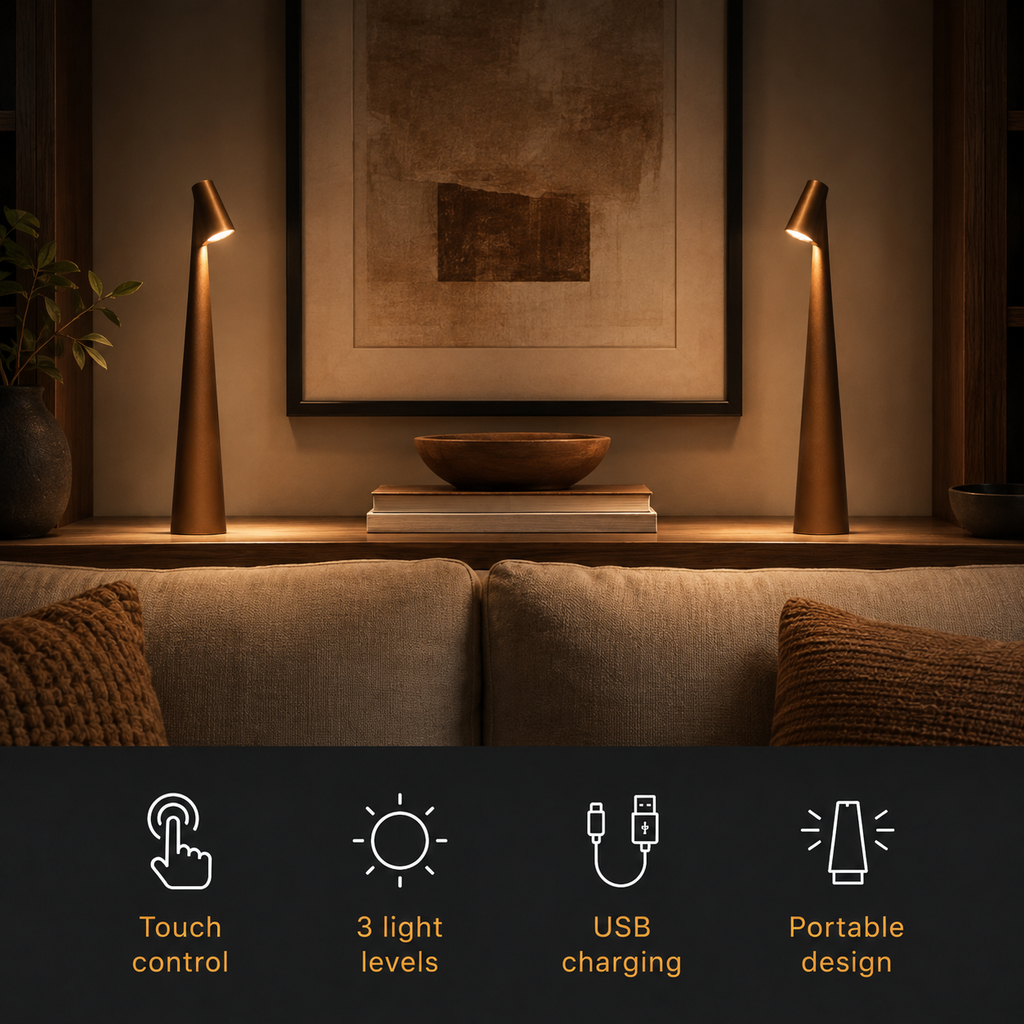 Golden brown table lamp pair framing a sofa in a warm living room with feature icons below.