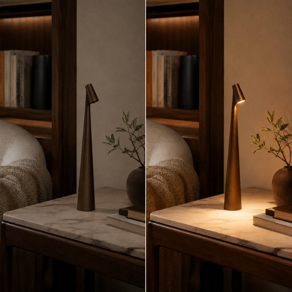 Side-by-side table lamp comparison showing the lamp off and then glowing beside a bed.