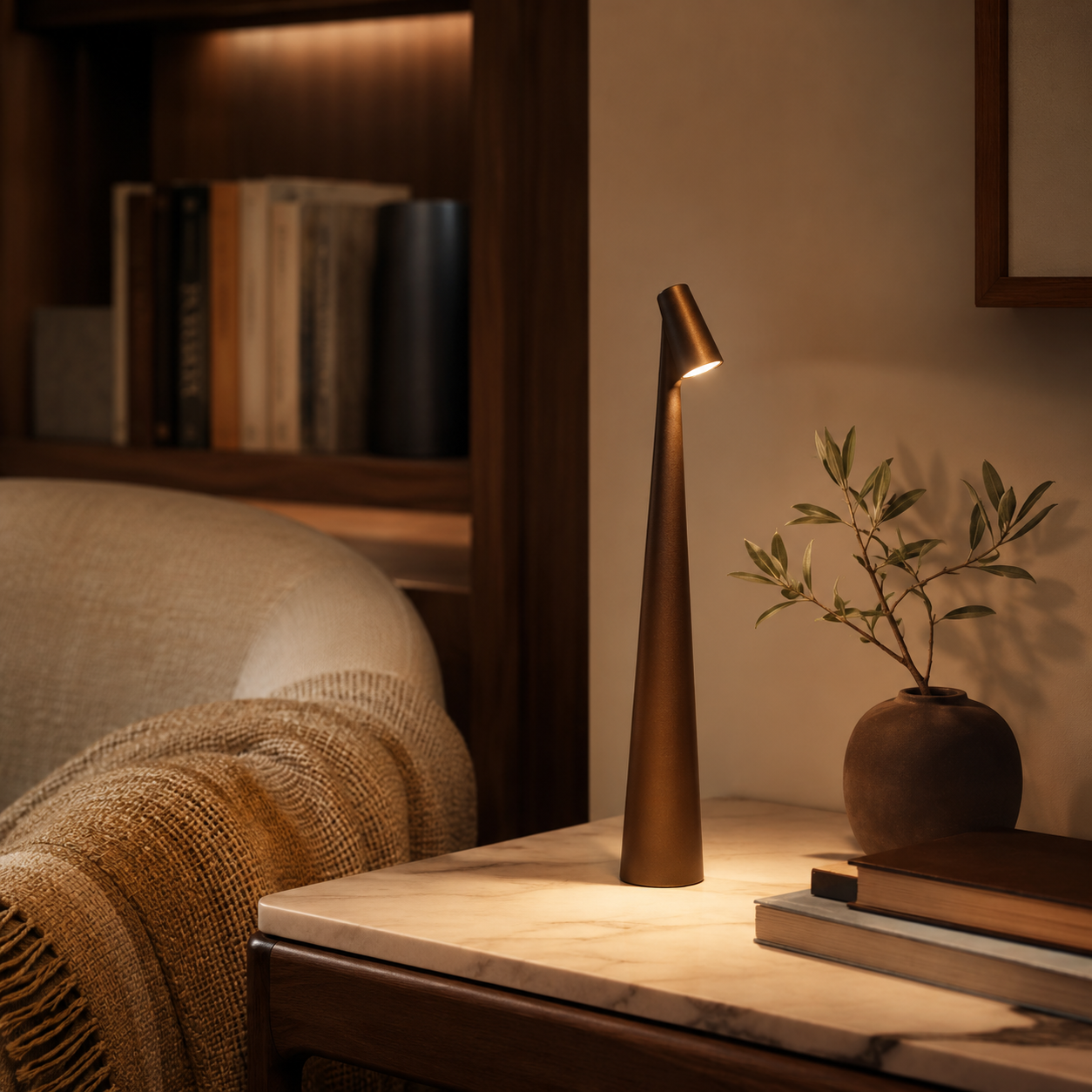 Golden brown table lamp glowing beside a bed, books, and a small plant in a warm bedroom.