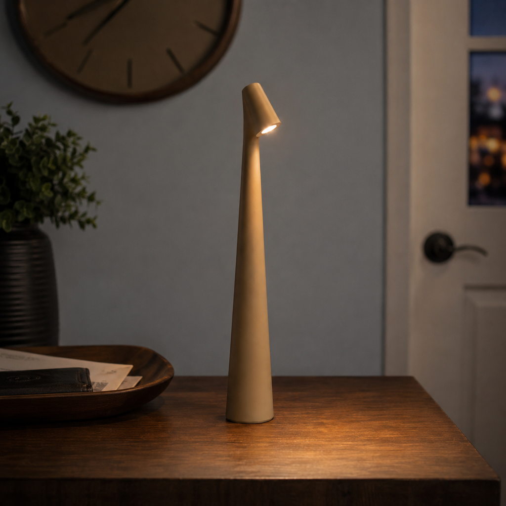 Golden brown table lamp glowing on a dark console near a wall clock and closed door.