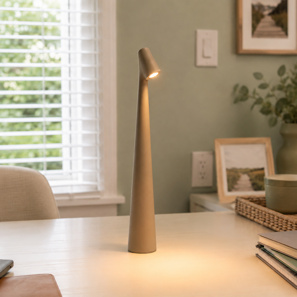 Golden brown table lamp lighting a white desk beside books, framed art, and a window.