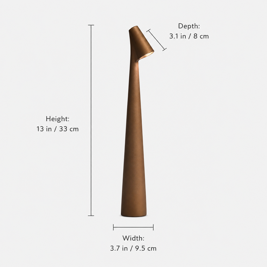 Dimension diagram showing the height, base width, and head size of the tapered table lamp.