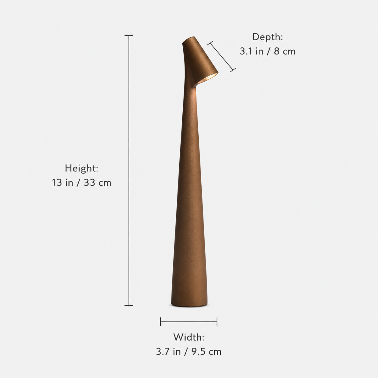 Dimension diagram showing the height, base width, and head size of the tapered table lamp.