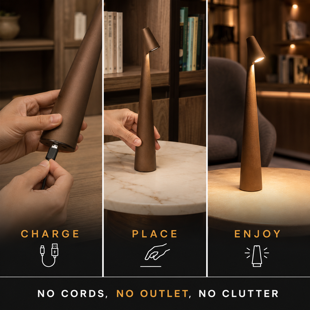 Three-panel table lamp sequence showing hands interacting with the base and the lamp glowing on a table.