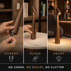 Three-panel table lamp sequence showing hands interacting with the base and the lamp glowing on a table.
