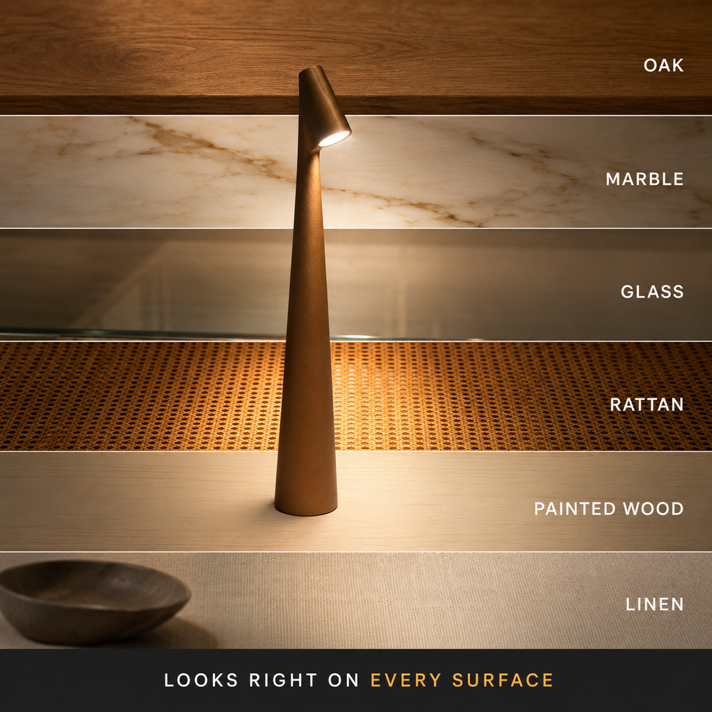 Golden brown table lamp casting light downward against several layered background textures.