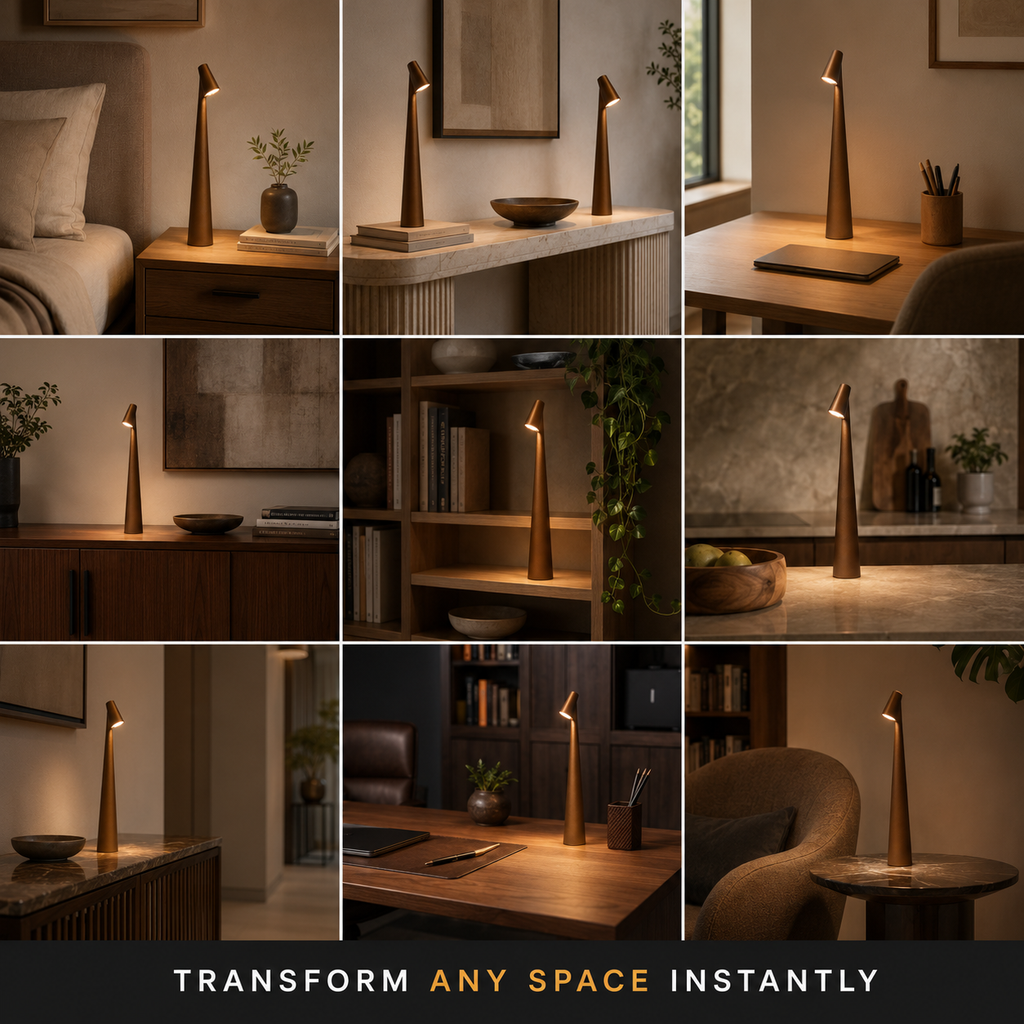Grid of nine interior scenes featuring the table lamp in bedrooms, shelves, and living areas.