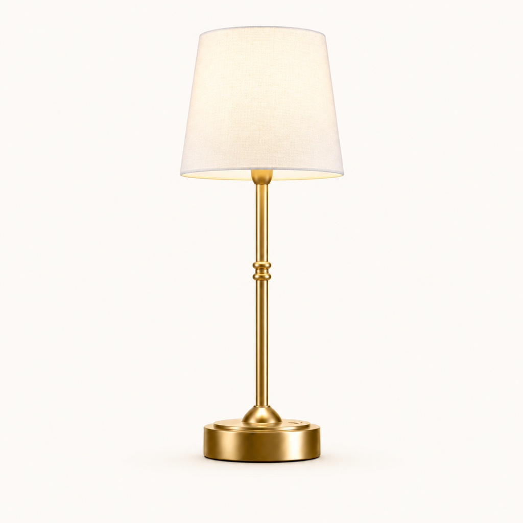 A modern table lamp with a warm gold-finished metal stem and circular base, paired with a tapered off-white fabric shade, shown against a plain white background.