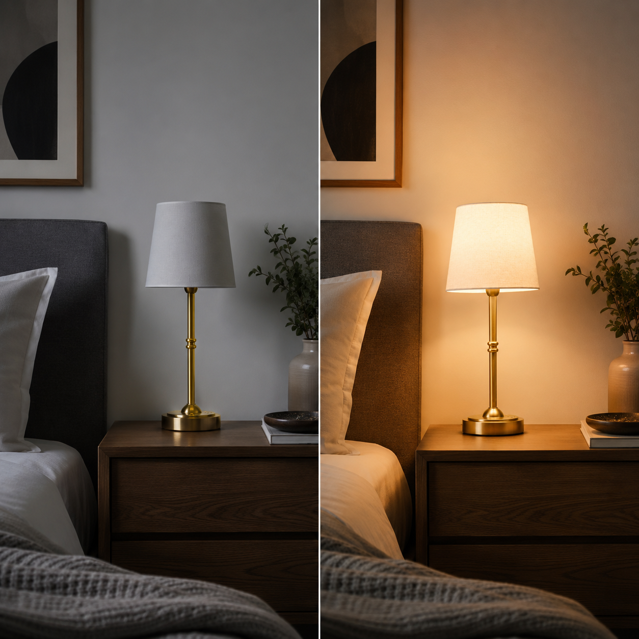 A split comparison of a table lamp in a bedroom, shown unlit on the left and lit with a warm golden glow on the right. The lamp has a white drum shade and a polished gold-toned metal base and stem, sitting on a dark wood nightstand next to a bed.