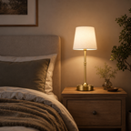 A warm brass table lamp with a white fabric drum shade sits on a wooden nightstand beside a bed in a softly lit bedroom.
