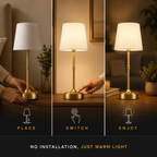 Three-panel lifestyle graphic showing a table lamp in a warm home setting. A hand places the lamp on a wooden table, a hand presses the switch, and the lamp glows warmly.