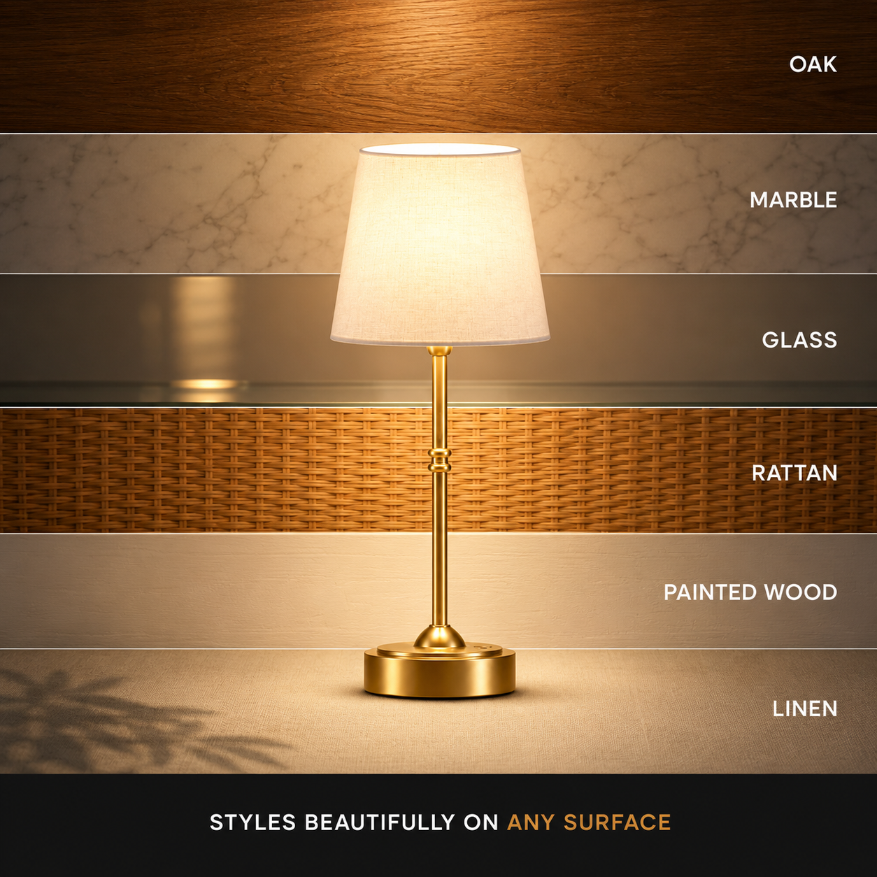 A lit table lamp with a white drum shade, gold-toned metal stem and base, shown centered over a stacked material comparison graphic labeled Oak, Marble, Glass, Rattan, Painted Wood, and Linen. Text at the bottom reads, 'STYLES BEAUTIFULLY ON ANY SURFACE.