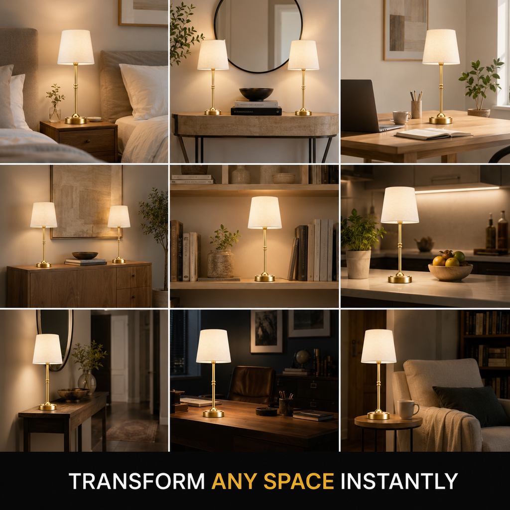 A 3x3 collage showing a brass table lamp with a white drum shade styled in various home environments including a bedroom, desk, shelf, and kitchen. A black banner at the bottom reads 'TRANSFORM ANY SPACE INSTANTLY'.