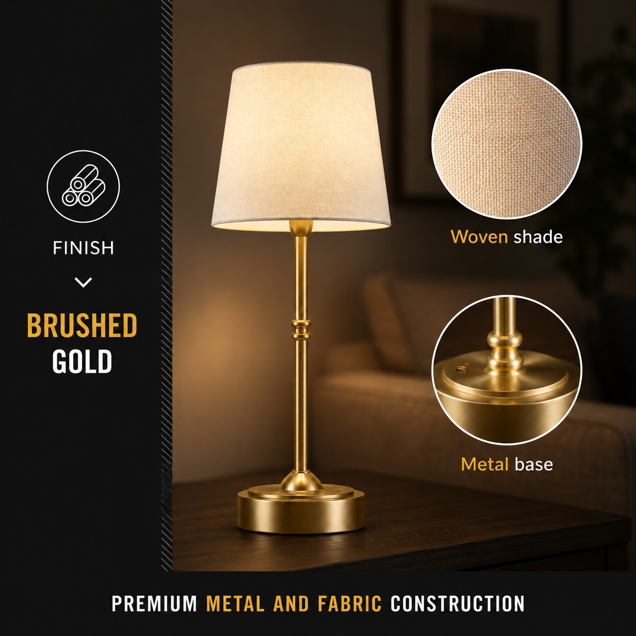 A brushed gold table lamp with a woven beige fabric shade, shown lit on a dark wooden surface in a softly blurred interior setting. Callout circles highlight the woven shade and metal base, with text reading 'BRUSHED GOLD,' 'FINISH,' 'Woven shade,' and 'Metal base.