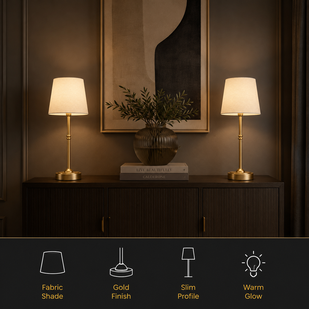 Two matching table lamps with cream fabric shades and gold bases are shown on a dark wood cabinet in a styled interior setting. A framed abstract print and a vase with greenery hang above, and a black banner at the bottom lists product features: fabric shade, gold finish, slim profile, and warm glow.