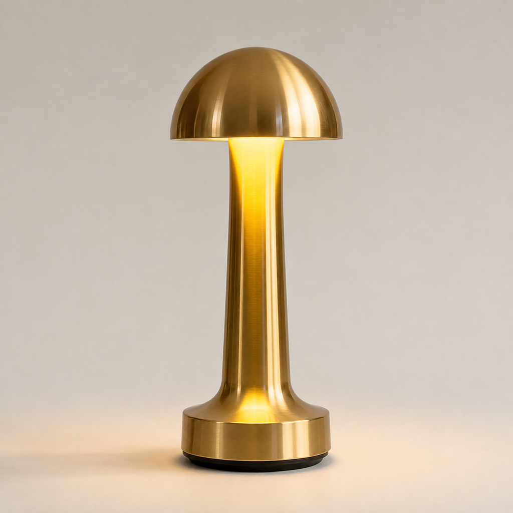Gold dome table lamp glowing on a light neutral studio background.