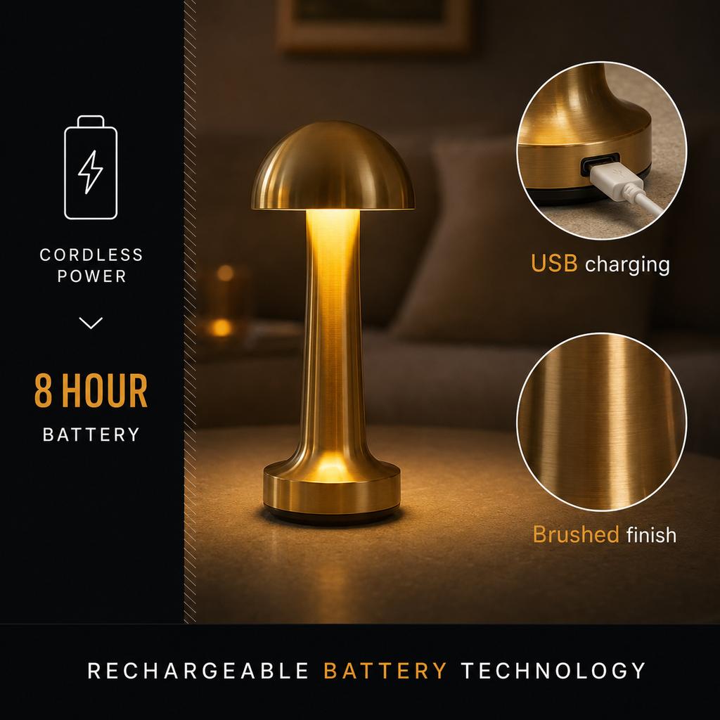 Gold dome table lamp shown with close-up views of the shade and metal finish.