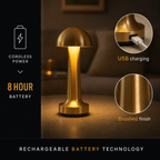 Gold dome table lamp shown with close-up views of the shade and metal finish.